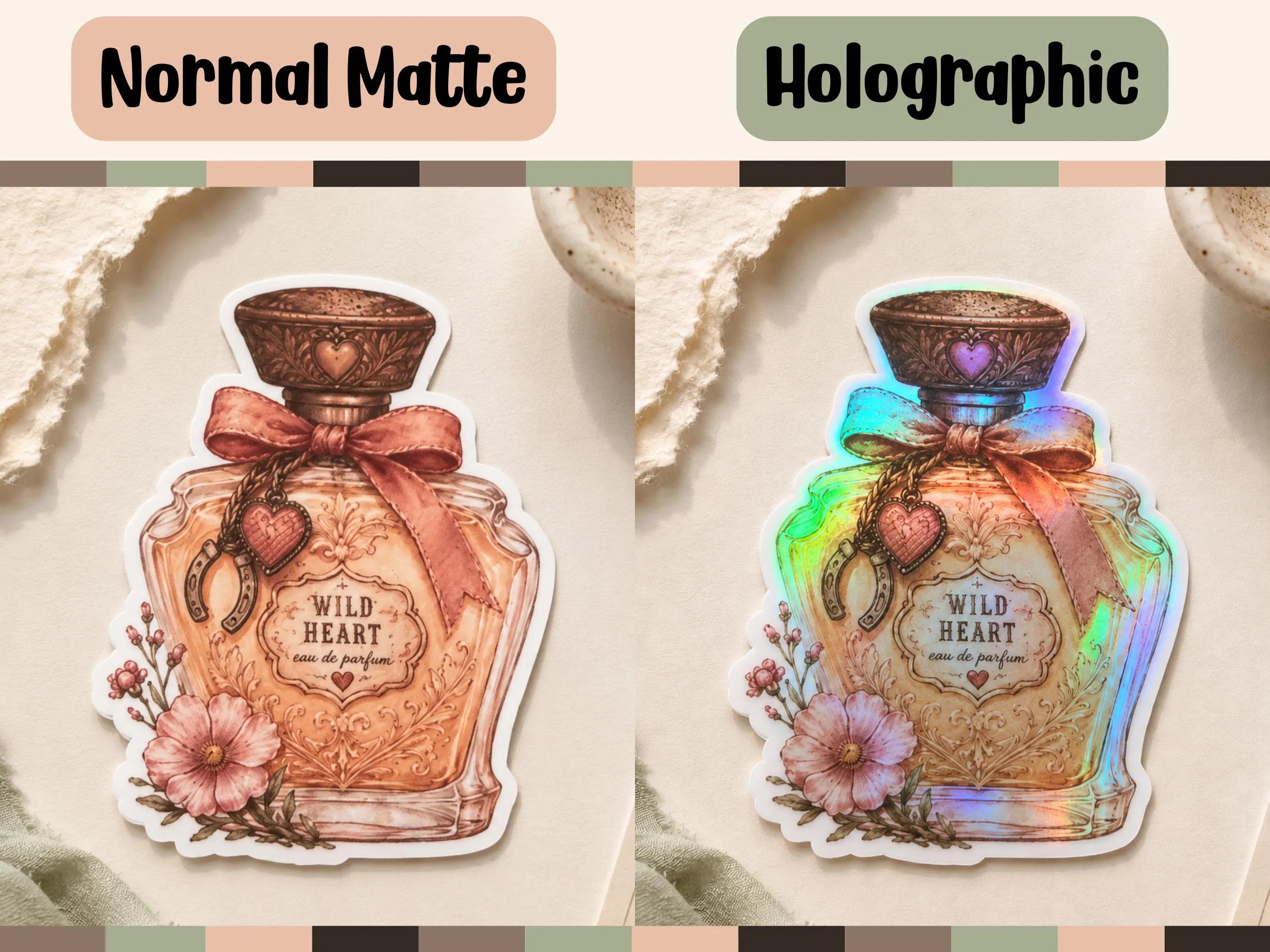 A side-by-side comparison of a die-cut sticker showing two finish options: 'Normal Matte' on the left and 'Holographic' on the right. The sticker depicts an antique-style perfume bottle with a pink bow, flowers, and a heart charm, labeled 'WILD HEART'.