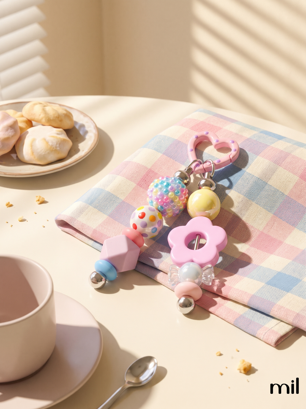 A pastel pink and multicolor baby teething keychain with a flower-shaped rattle, colorful beads, and a pink heart clasp, styled on a pink and blue plaid napkin on a table with a cup, spoon, and pastries.