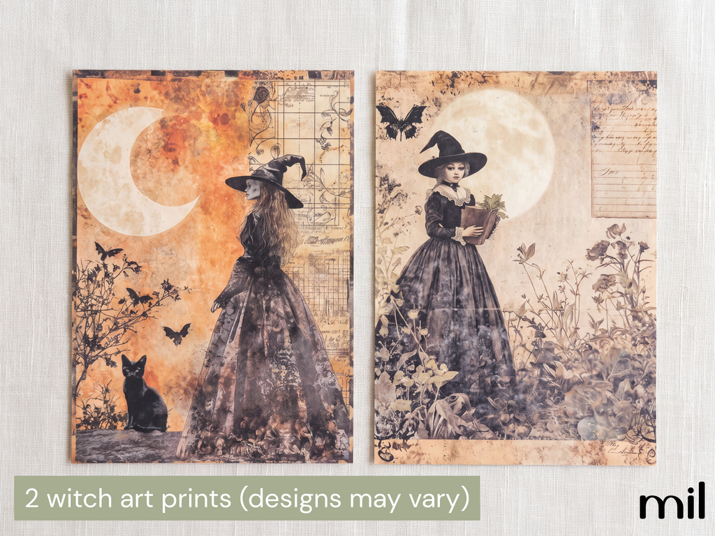 Two vintage-style witch art prints displayed side by side on a light textured background. The left print shows a witch in a dark dress beside a crescent moon and a black cat, with butterflies and aged paper details.