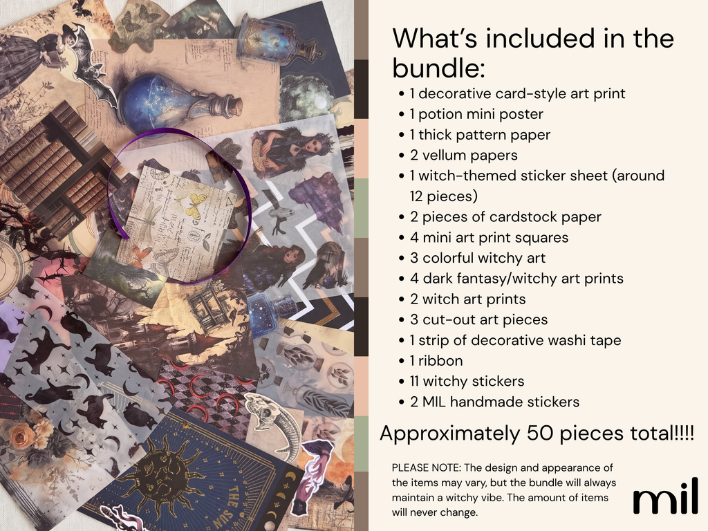 A promotional bundle overview graphic for a witch-themed art print and paper set. The left side shows a collage of included art prints, papers, stickers, and decorative pieces.