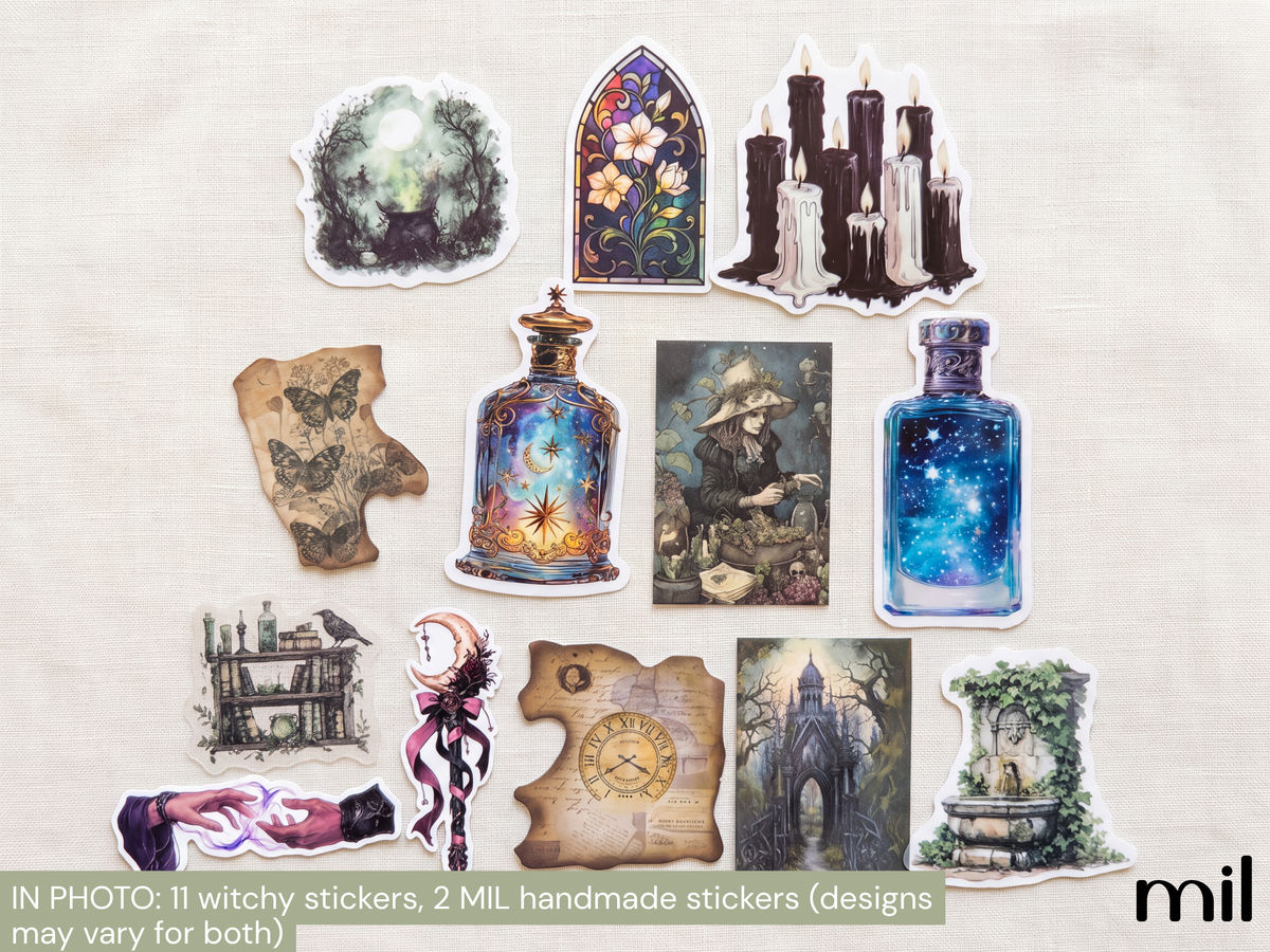 A collection of witch-themed stickers displayed on a textured beige fabric background. The stickers feature designs such as a glowing crystal ball, a stained-glass window with flowers, melting candles, butterflies, a glowing potion bottle, a witch in a hat, a starry potion bottle, a shelf with books and a bird, an old clock, a gothic castle, and a stone fountain with ivy.