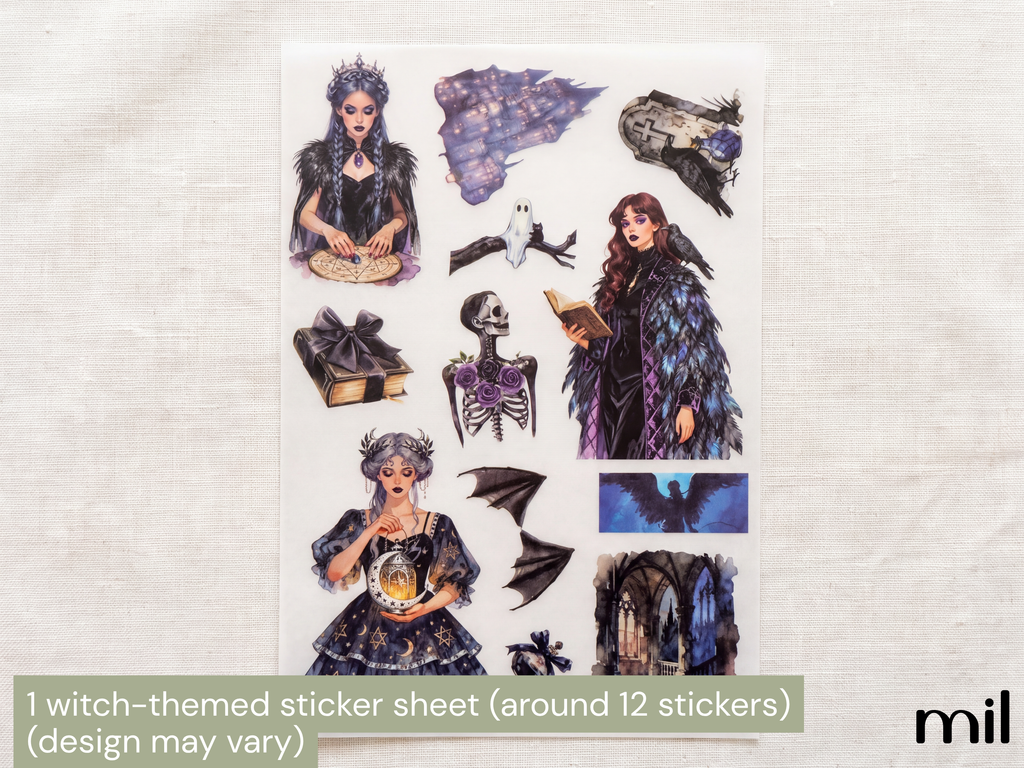 A sheet of witch-themed stickers displayed on a textured off-white fabric background. The sheet contains various illustrations including three gothic women in dark dresses, a skeleton, a flying creature, a book, a potion bottle, and a castle, all in dark blue, black, and purple tones.